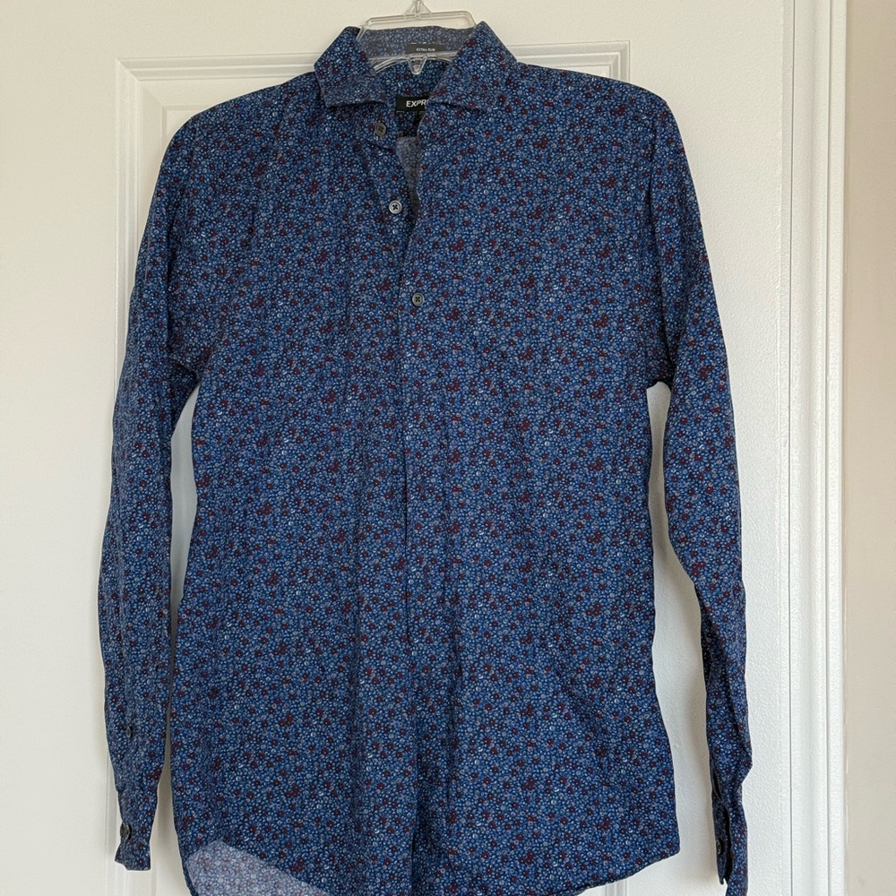 Express Blue and Red Patterned Dress Shirt